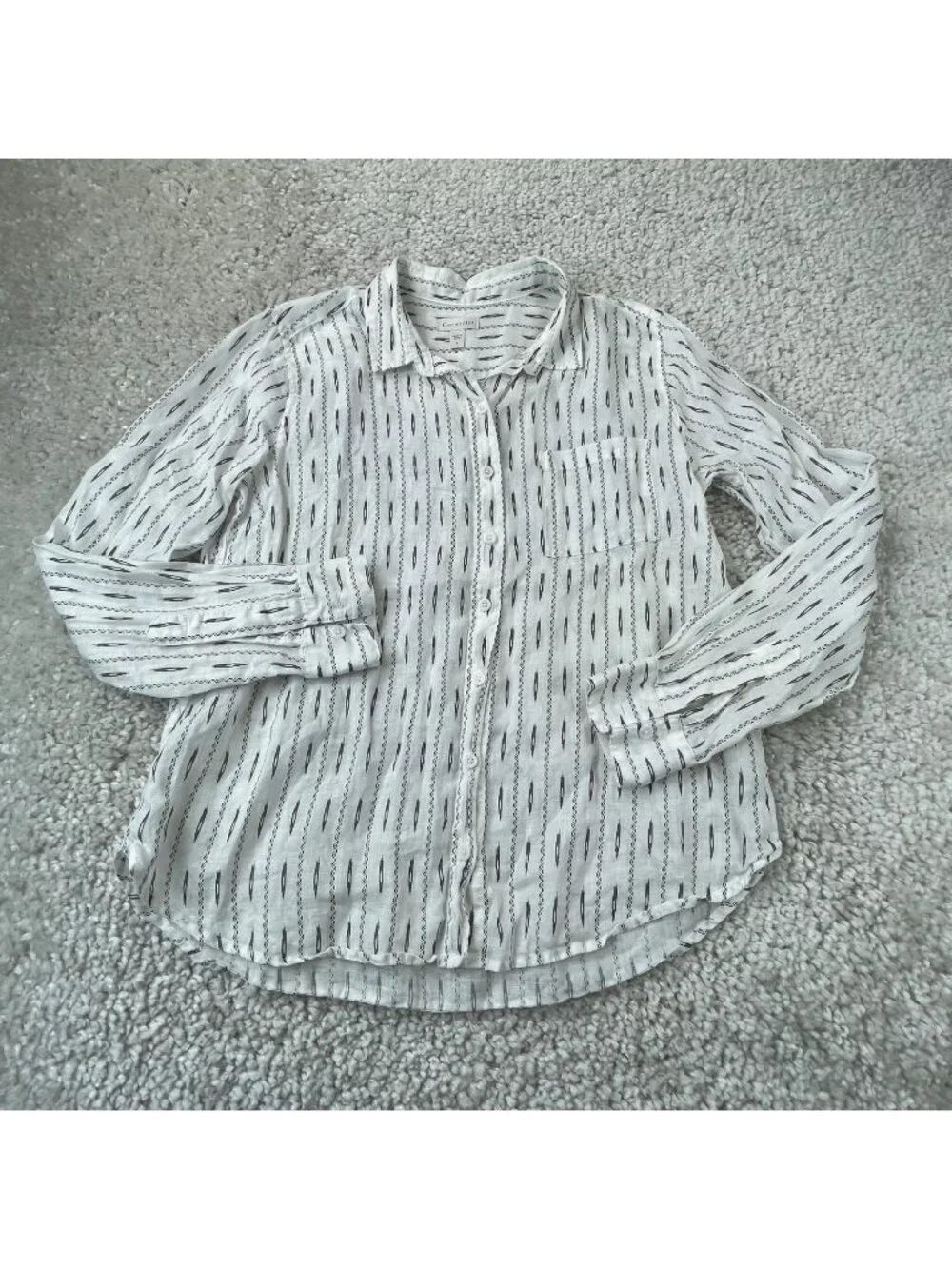 Garnet Hill Linen Button Up Shirt Gray White Print Womens 4